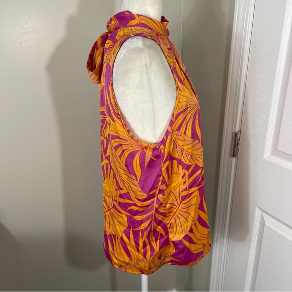 ENTRO Vibrant Fuchsia & Yellow Tropical Leaf Print Sleeveless Halter Top -MEDIUM - Picture 6 of 10